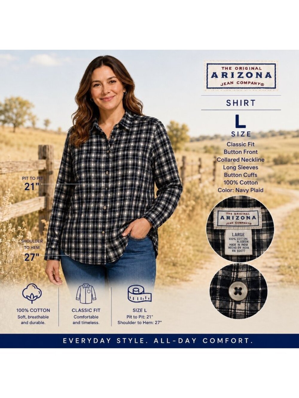 Arizona Jean Company Women's Plaid Long Sleeve Shirt Size Large 100% Cotton